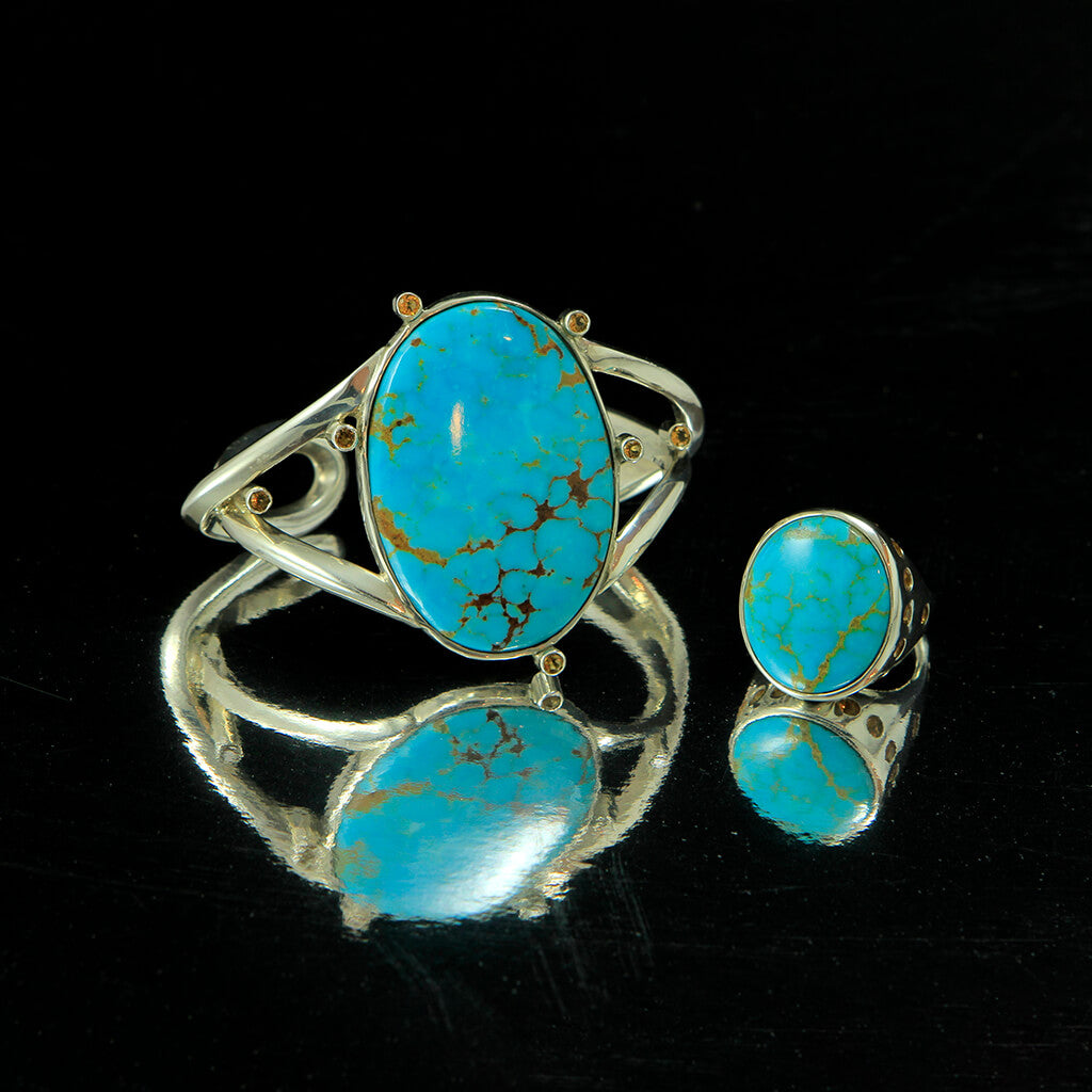 “Kingman II & III” – SS bracelet & ring, Kingman turquoise, citrine