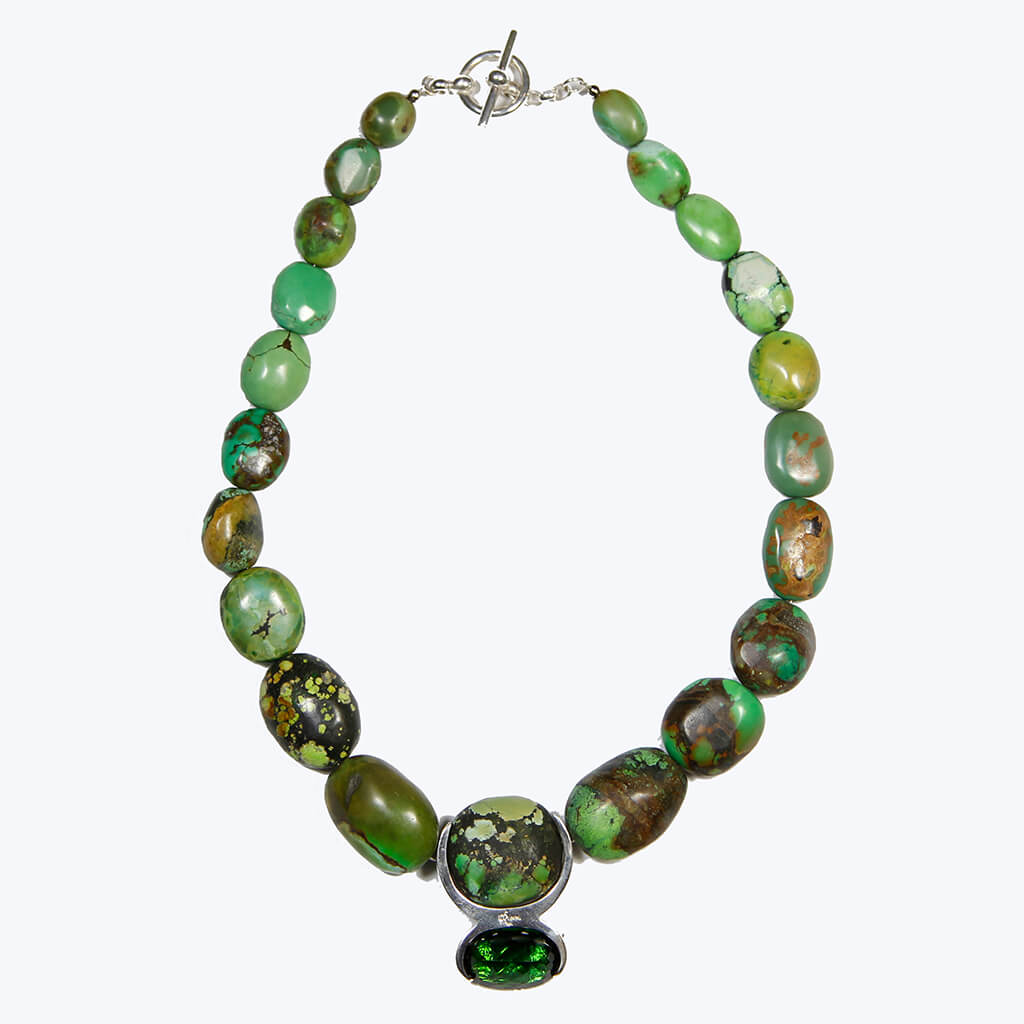 “Envy” – SS necklace, green turquoise, oval green tourmaline