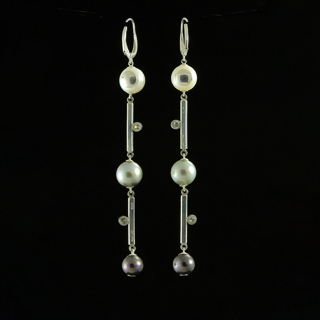 “Triple Pearls” – SS Earrings, white, grey & black pearls, white diamonds
